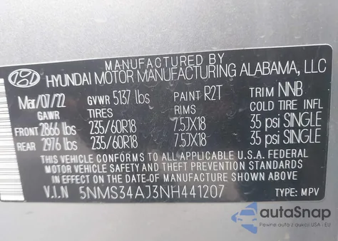 2022 Hyundai Santa Fe Sel z USA, uszkodzony, nr VIN 5NMS34AJ3NH441207